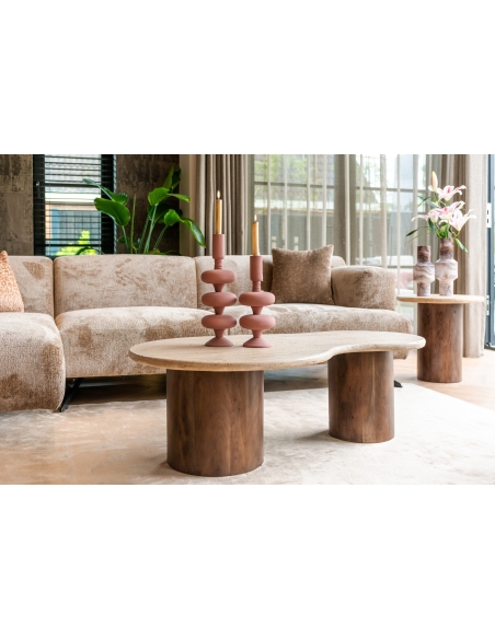 Tavolino rotondo in legno di mango e travertino design DOUGLAS