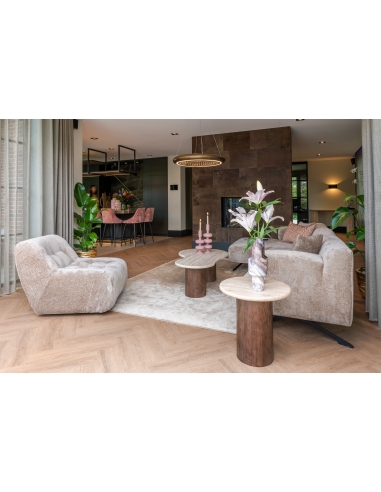 Ronde bijzettafel van mangohout en travertin design DOUGLAS