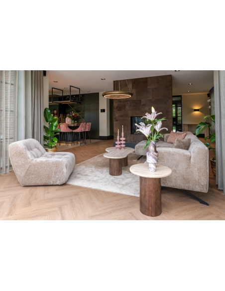 Round side table in mango wood and travertine design DOUGLAS
