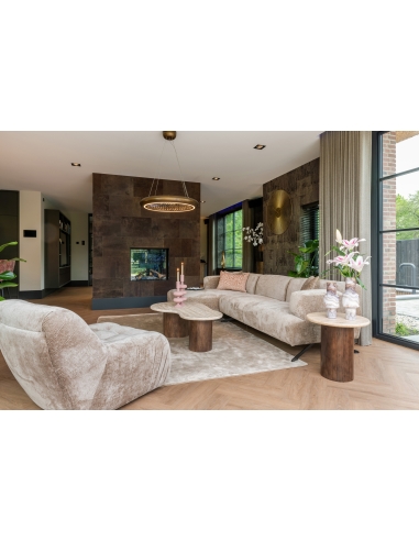Table d'appoint ronde bois manguier et travertin design DOUGLAS