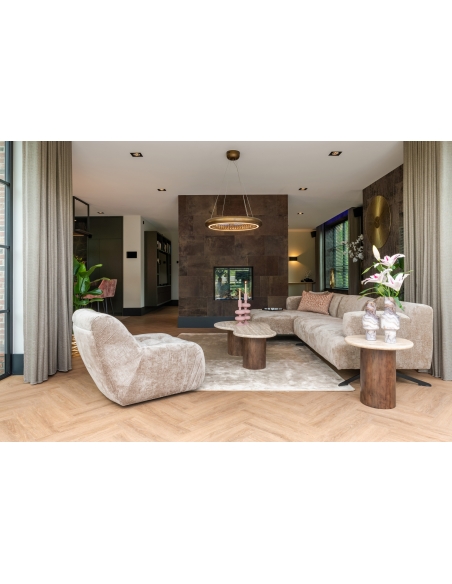 Round side table in mango wood and travertine design DOUGLAS