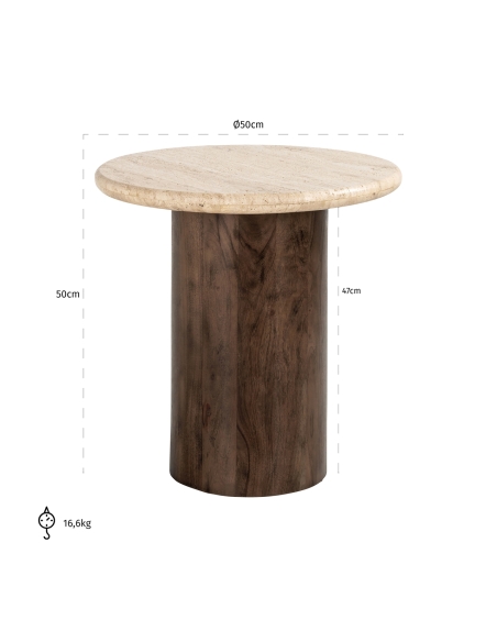 Mesa auxiliar redonda de madera de mango y travertino diseño DOUGLAS