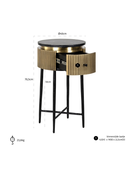 Table d'appoint ronde marbre noir laiton design IRONVILLE