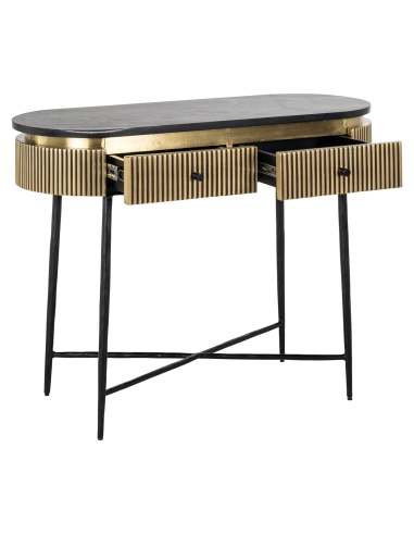 Consola de 2 gavetas em mármore preto e latão dourado design IRONVILLE