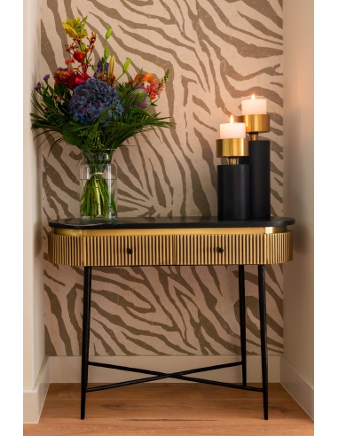 Console 2 tiroirs marbre noir et laiton doré design IRONVILLE