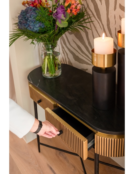 Console 2 drawers black marble and gold brass design IRONVILLE