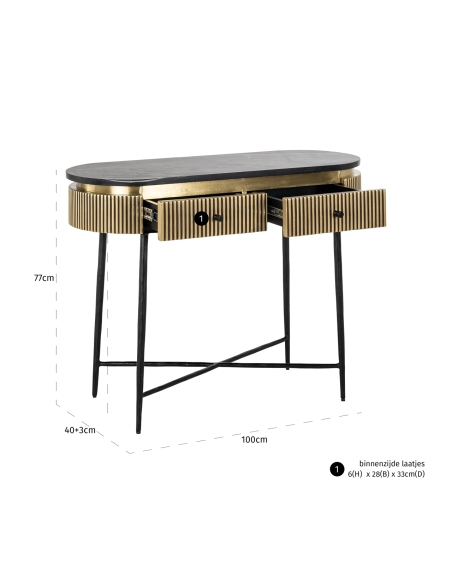 Console 2 tiroirs marbre noir et laiton doré design IRONVILLE