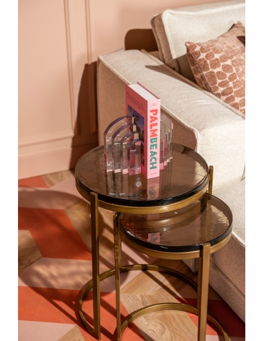 Tables gigognes rondes verre fumé cadre fer doré design CLEO