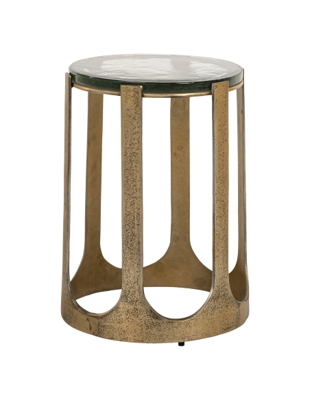 Mesa de apoio em vidro com estrutura tambor canelada dourada design RIXO