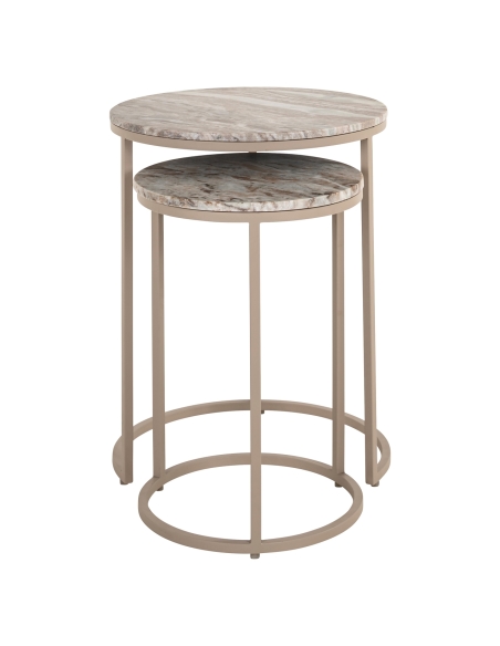 Tables gigognes rondes marbre argile base anneau fer design FAIRFAX