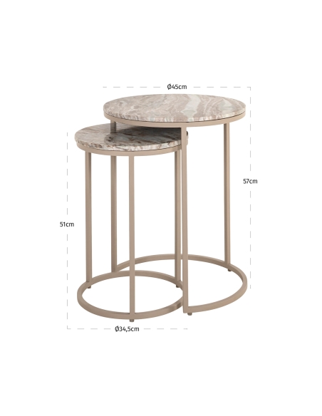 Tables gigognes rondes marbre argile base anneau fer design FAIRFAX