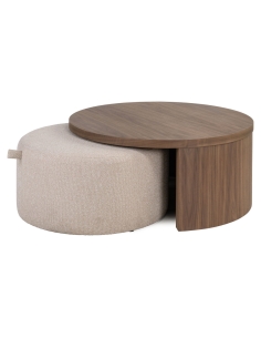 Walnut Coffee Table and Sand Fabric Pouf WINDSOR