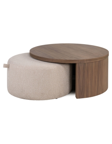 Table Basse Noyer et Pouf Tissu Sable WINDSOR