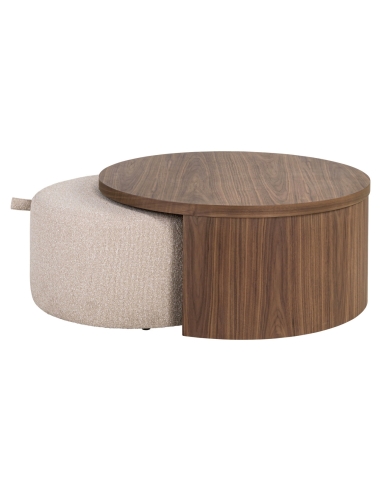 Table Basse Noyer et Pouf Tissu Sable WINDSOR