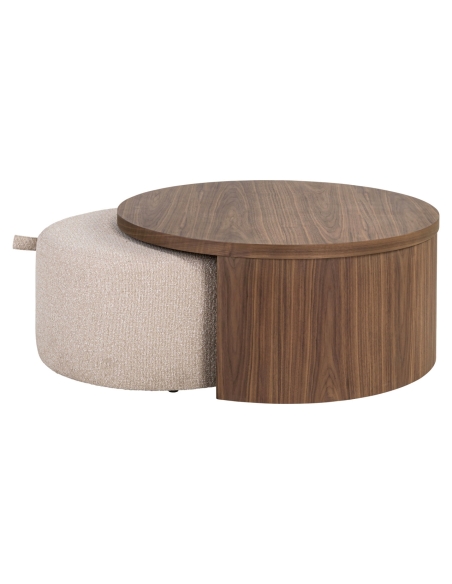 Salontafel Notenhout en Poef Stof Zand WINDSOR