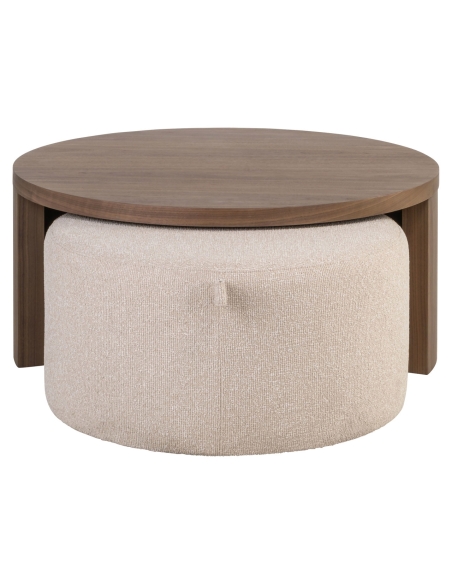 Walnut Coffee Table and Sand Fabric Pouf WINDSOR