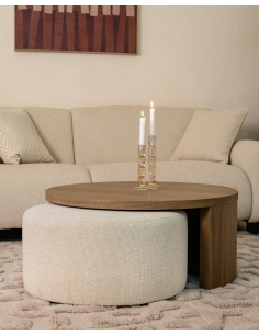 Table Basse Noyer et Pouf Tissu Sable WINDSOR 2