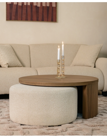 Salontafel Notenhout en Poef Stof Zand WINDSOR