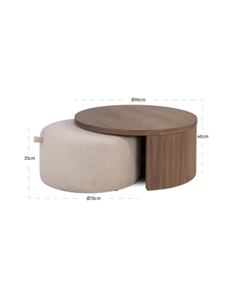 Table Basse Noyer et Pouf Tissu Sable WINDSOR