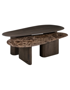 Set of Coffee Tables Oak and Emperador Marble CASTELLO