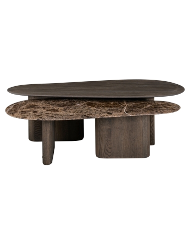 Set of Coffee Tables Oak and Emperador Marble CASTELLO