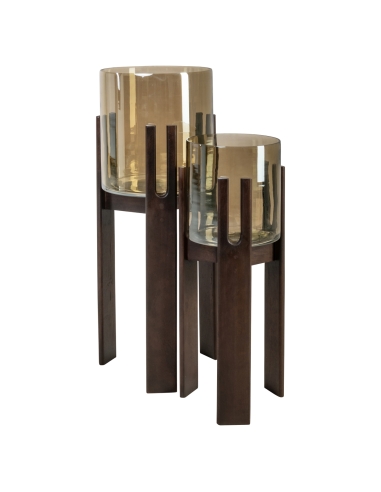 Windlicht auf Füßen aus Rauchglas und Mangoholz REESE