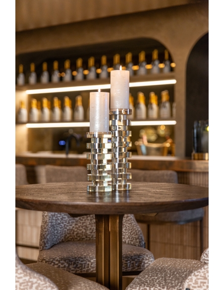 Mesa de bar redonda de madera marrón bronce REVELIN | Loft