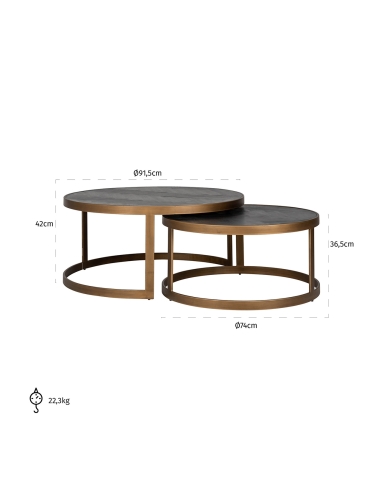 Dimensioni dei tavolini BLACKBONE: grande Ø 91,5 cm, altezza 42 cm; piccolo Ø 74 cm, altezza 36,5 cm