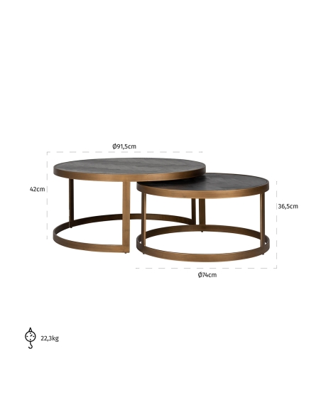 Dimensions des tables BLACKBONE : grande Ø 91,5 cm, hauteur 42 cm ; petite Ø 74 cm, hauteur 36,5 cm