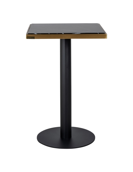 Front view of the ZENZA table with a gold-edged square top, black column and round black base on a white background