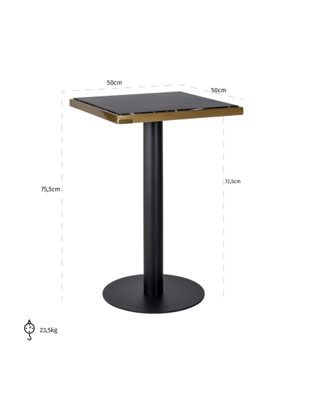 Schéma coté de la table bistrot ZENZA avec plateau carré de 50 × 50 cm et pied central noir sur socle rond