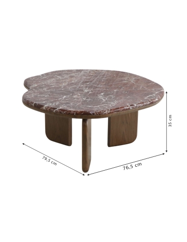 Dimensions de la table basse LUCY avec plateau organique en marbre rouge.