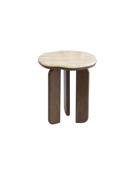 Table d’appoint LUCY marbre blanc sur trois pieds bois brun foncé