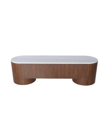 Mueble de TV COLETTE con tapa de mármol blanco en fondo neutro.