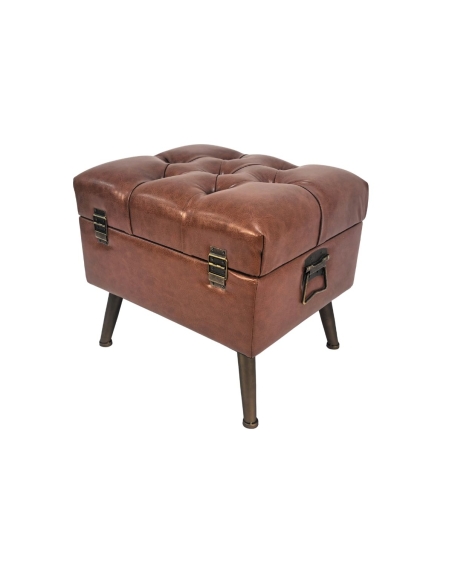 NAVAJO Aufbewahrungs-Pouf aus braunem Kunstleder mit gepolstertem Deckel und Metallfüßen.