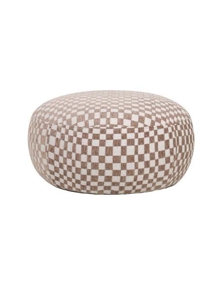 Runder Pouf BROOK beige kariert vor weißem Hintergrund