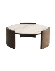 Runder Couchtisch COLETTE mit weißer Marmorplatte und dunklem Holzgestell
