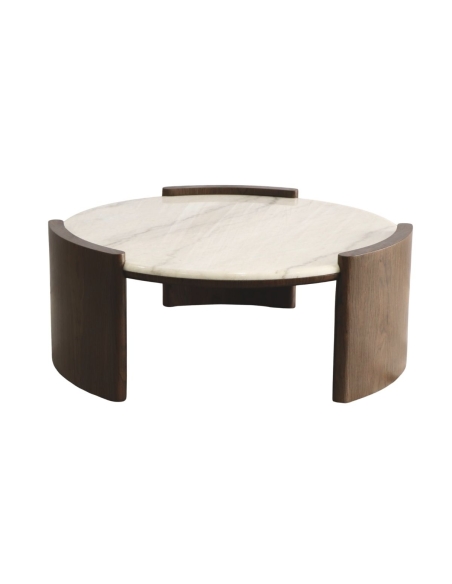 Runder Couchtisch COLETTE mit weißer Marmorplatte und dunklem Holzgestell