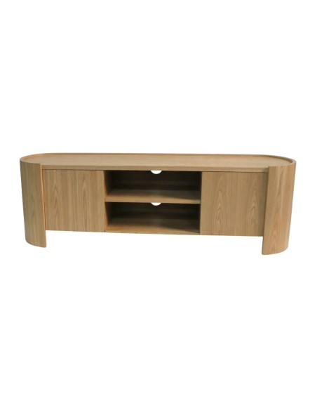 Front view of the SOREN ash-veneered TV stand with two doors and two open shelves.