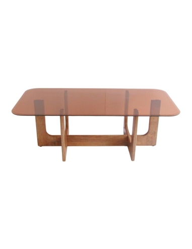 Mesa de centro LAZARE de vidrio ahumado y madera vista frontal