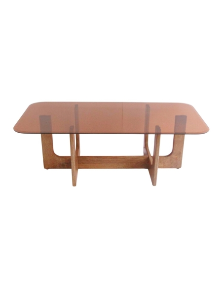 Tavolino LAZARE in vetro fumé marrone e legno visto frontalmente