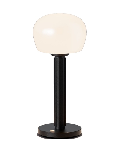 Lampe VENDOME noire détourée, verre blanc et pied cannelé
