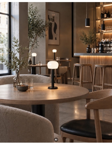 AI-illustratie: zwarte VENDOME lamp brandend op een cafétafel