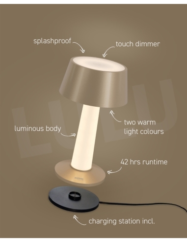 Sompex illustration of LULU champagne metallic lamp functions