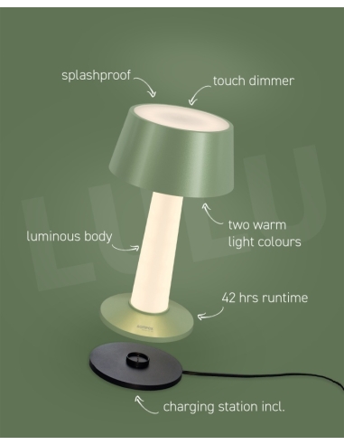 Funzioni della LULU verde metallizzato illustrate da Sompex