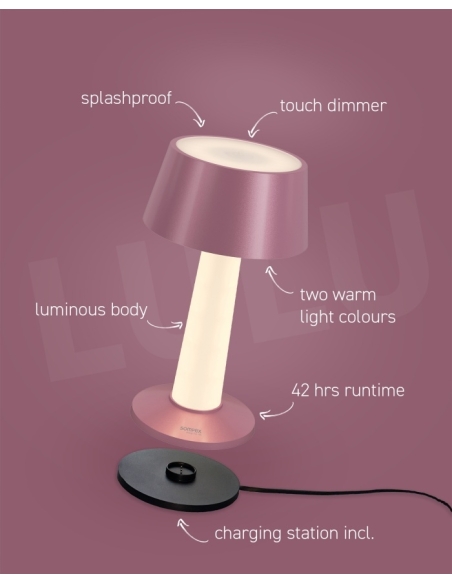 Fonctions de la lampe LULU rose métallisé présentées par Sompex
