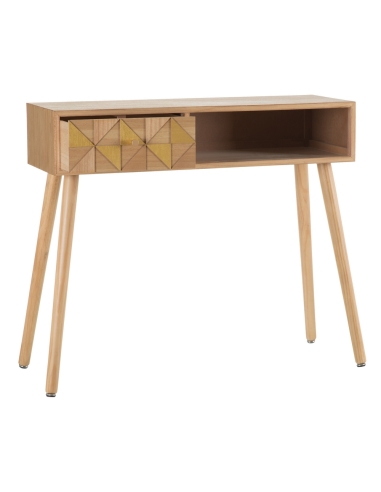 Console table PAULONIA natural wood, drawer and niche IXIA — front view