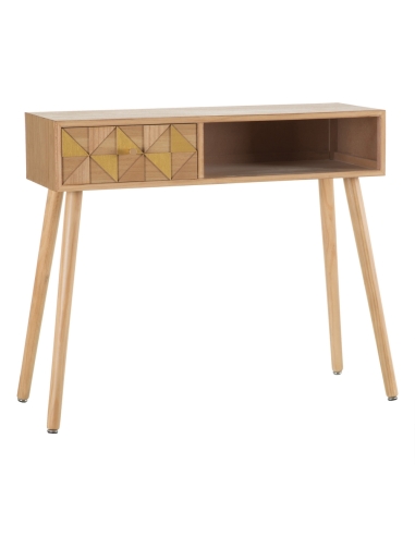 Sidetable PAULONIA natuurhout, lade en open vak IXIA — driekwartaanzicht vanaf andere zijde