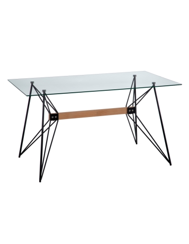 Dining table CRYSTAL clear glass with retro black frame IXIA — three-quarter view