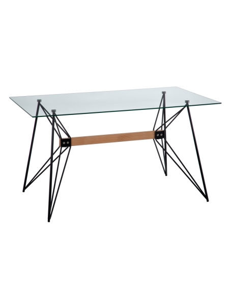 Mesa de jantar CRYSTAL vidro claro e estrutura retro preta IXIA — vista a três quartos
